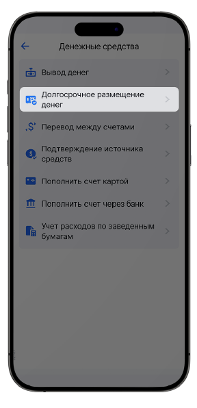 Выберите Долгосрочное размещение средств (Long Term money placement)
